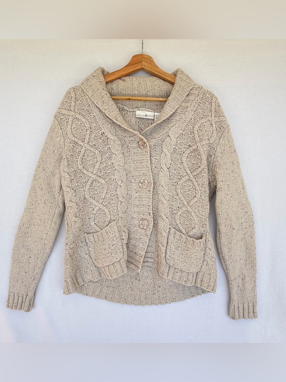 Preswick & Moore Cable Knit Cardigan Sweater Oatmeal Shawl Collar Pockets